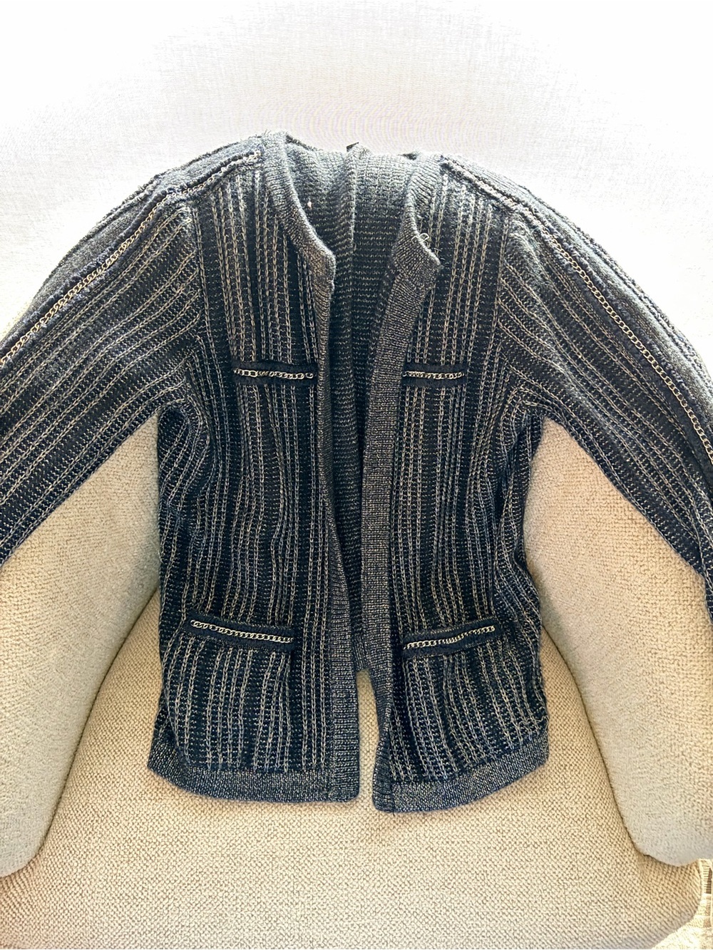 Express women’s Textured blue  & Gray Knit Open Cardigan with chain details